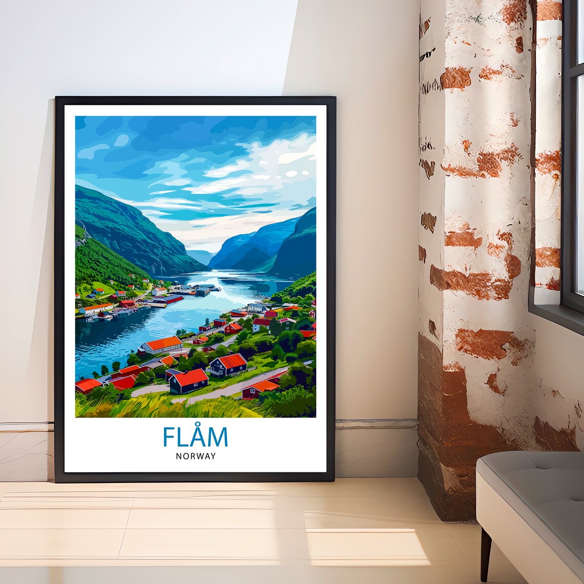 Flam Norway Fjord Village Red Cabins Vintage Style Travel Poster - Image 2