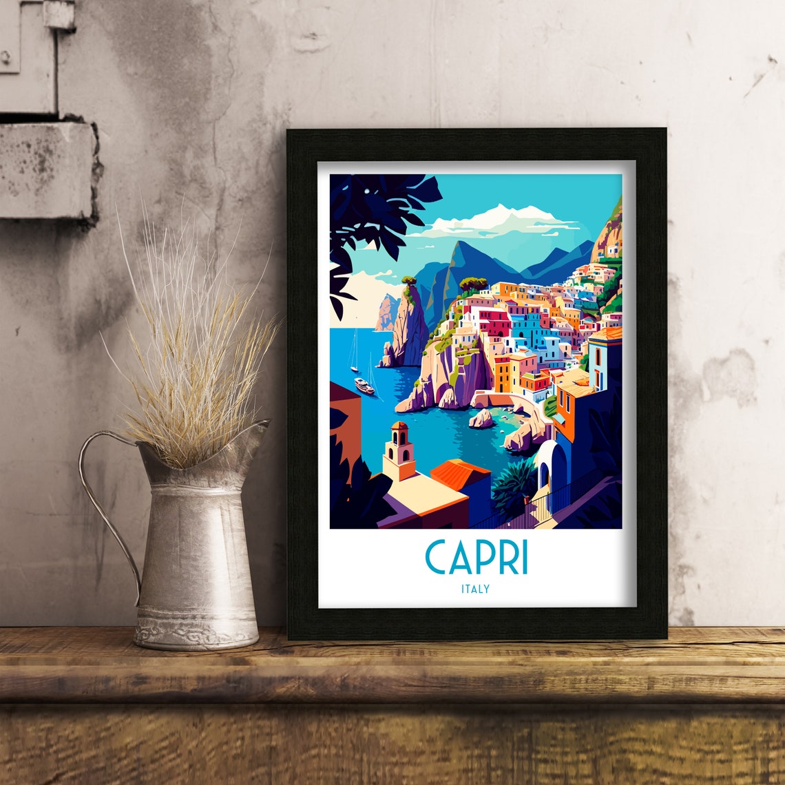 Capri Italy Cliffside Town Turquoise Bay Boats Travel Poster - Image 2