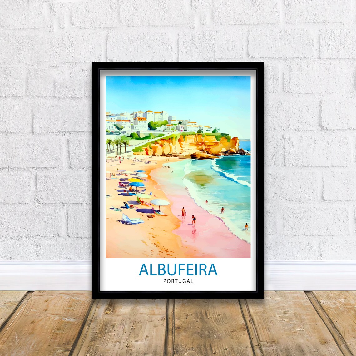Albufeira Portugal Beach Umbrellas Cliff Town Watercolor Poster