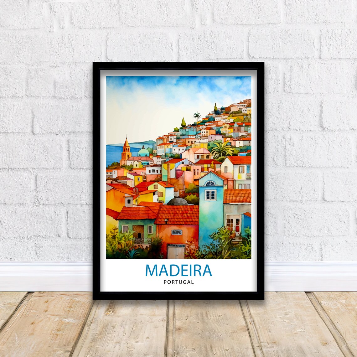 Madeira Portugal Colorful Hillside Town Watercolor Travel Poster - Image 2