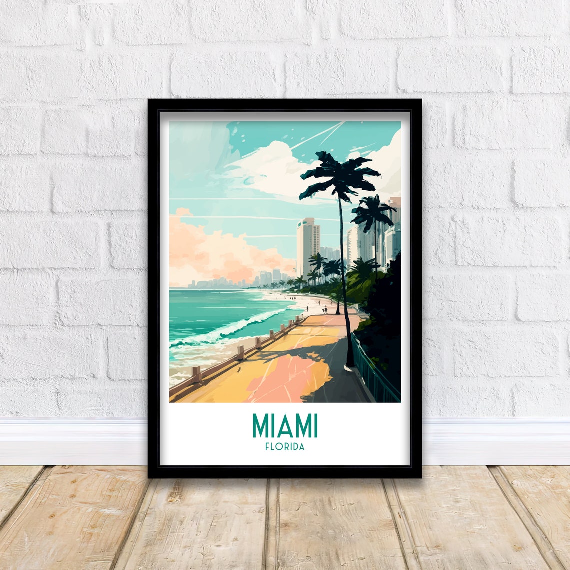 Miami Florida Beach Boardwalk Palm Trees Ocean Front View Poster - Image 3