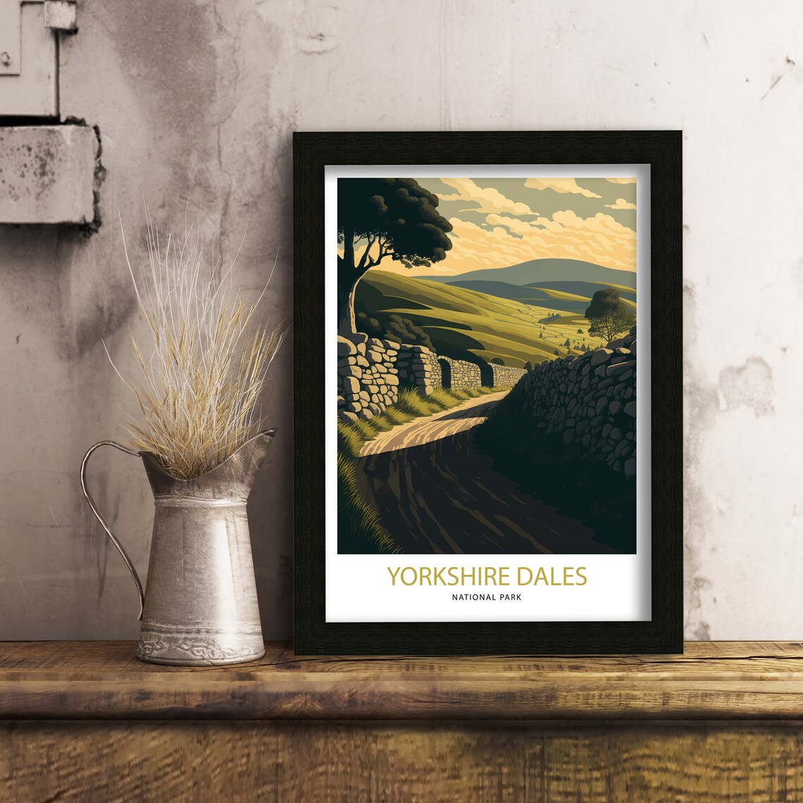Yorkshire Dales National Park Stone Wall Lane Golden Hills Scene Art Poster - Image 2