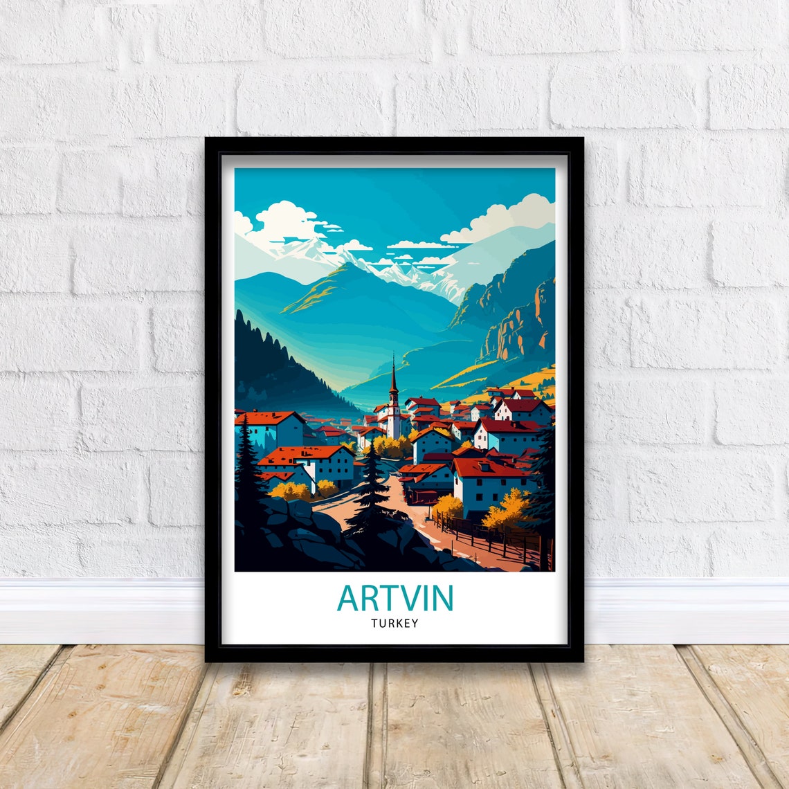 Artvin Turkey Red Roofed Mountain Village Snowy Peaks Travel Poster - Image 3