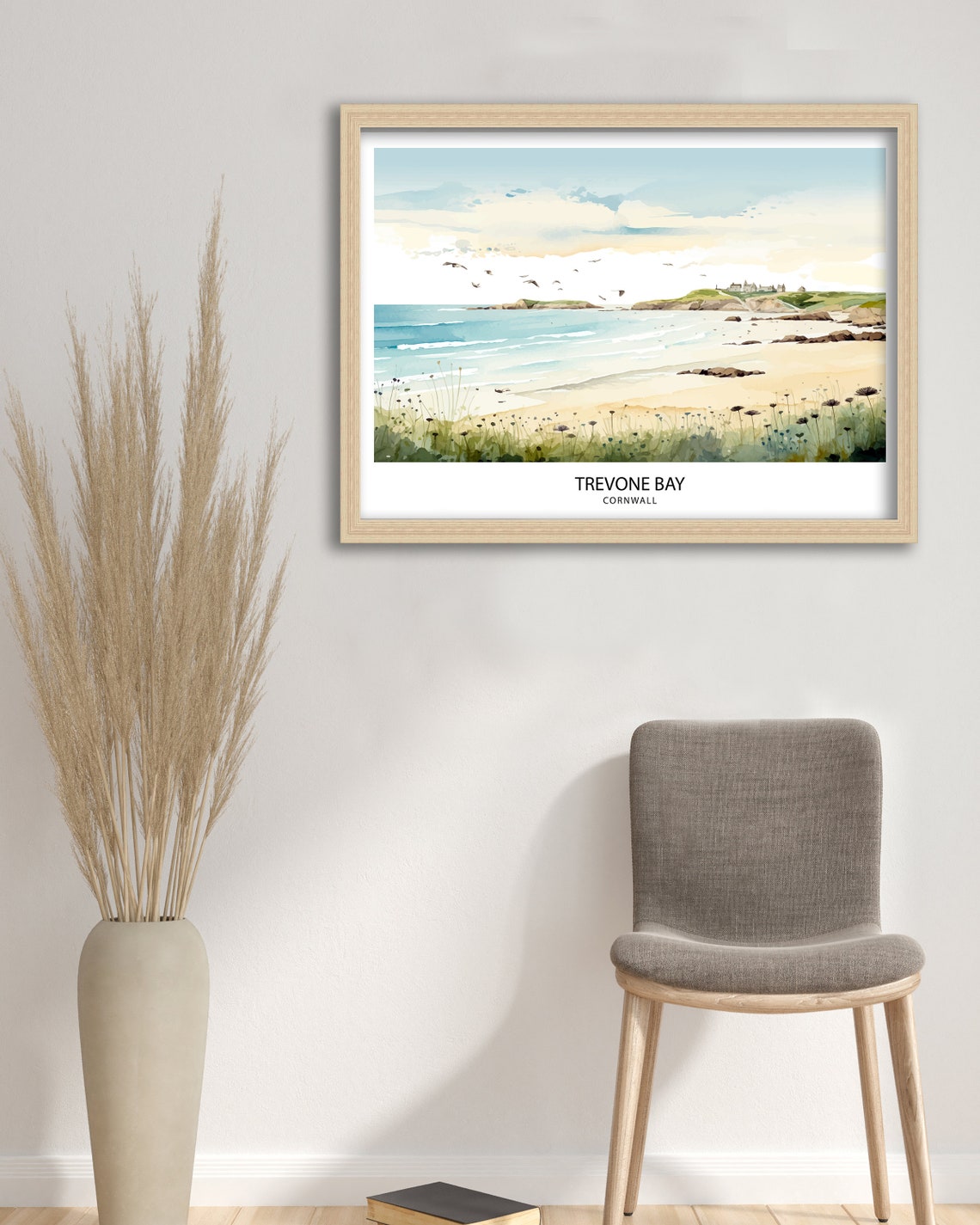 Trevone Bay Cornwall Sandy Beach Seagulls Watercolor Coastline Poster - Image 2