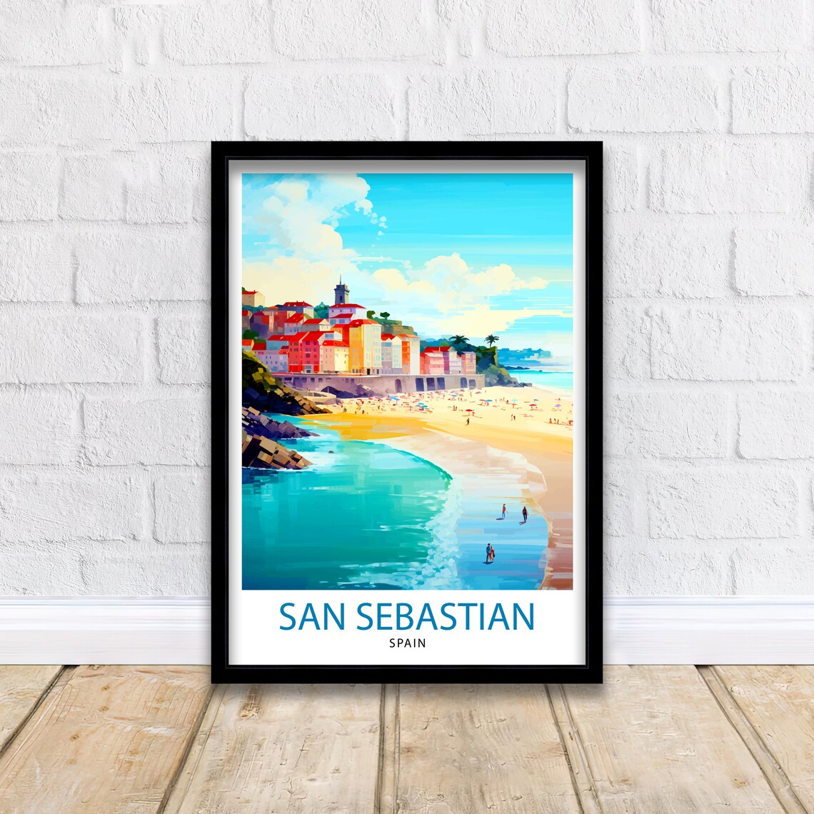 San Sebastian Spain Colorful Seaside Old Town Beach Travel Poster - Image 2
