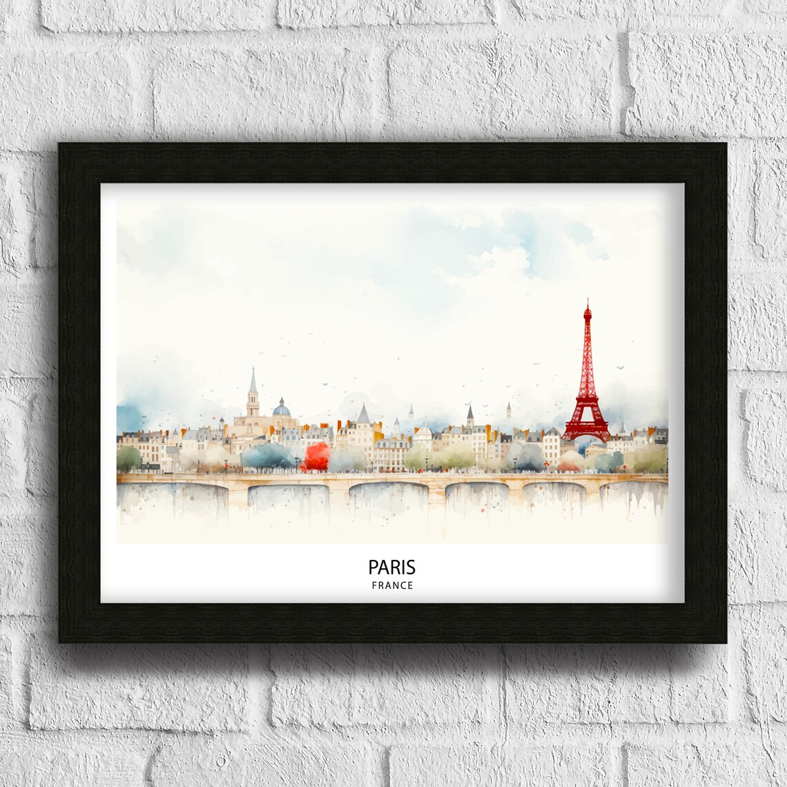 Paris France Eiffel Tower Watercolor Skyline Cityscape Travel Poster - Image 3