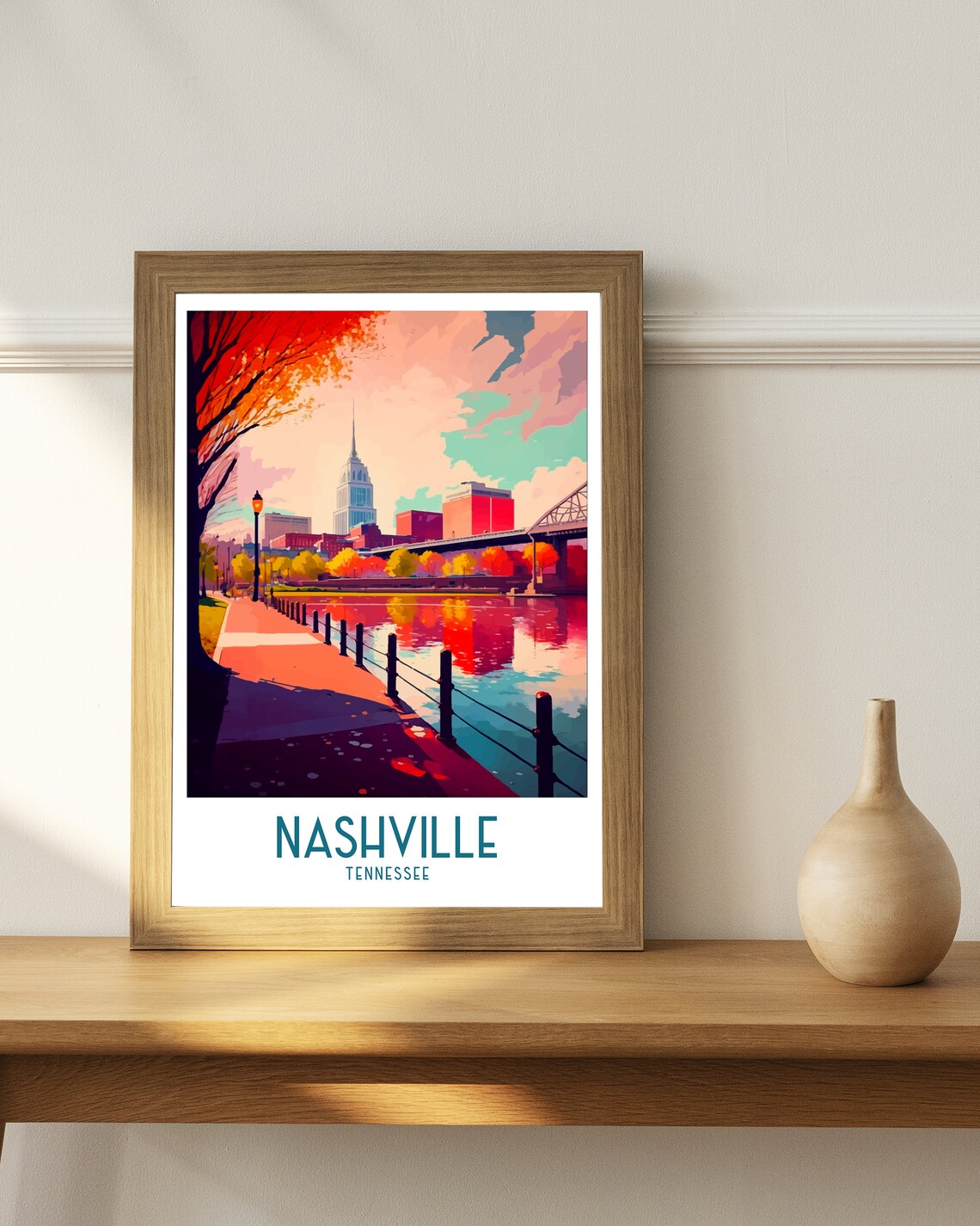 Nashville Tennessee Riverfront Skyline Bridge Autumn Sunset Poster - Image 3