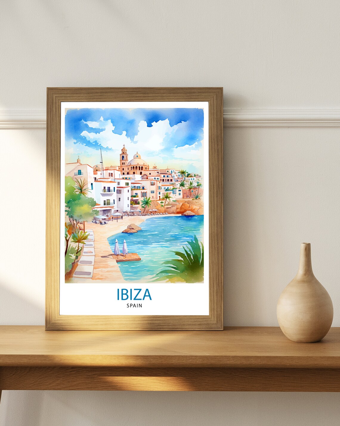 Ibiza Spain Seaside Old Town Beach Promenade Watercolor Poster - Image 2