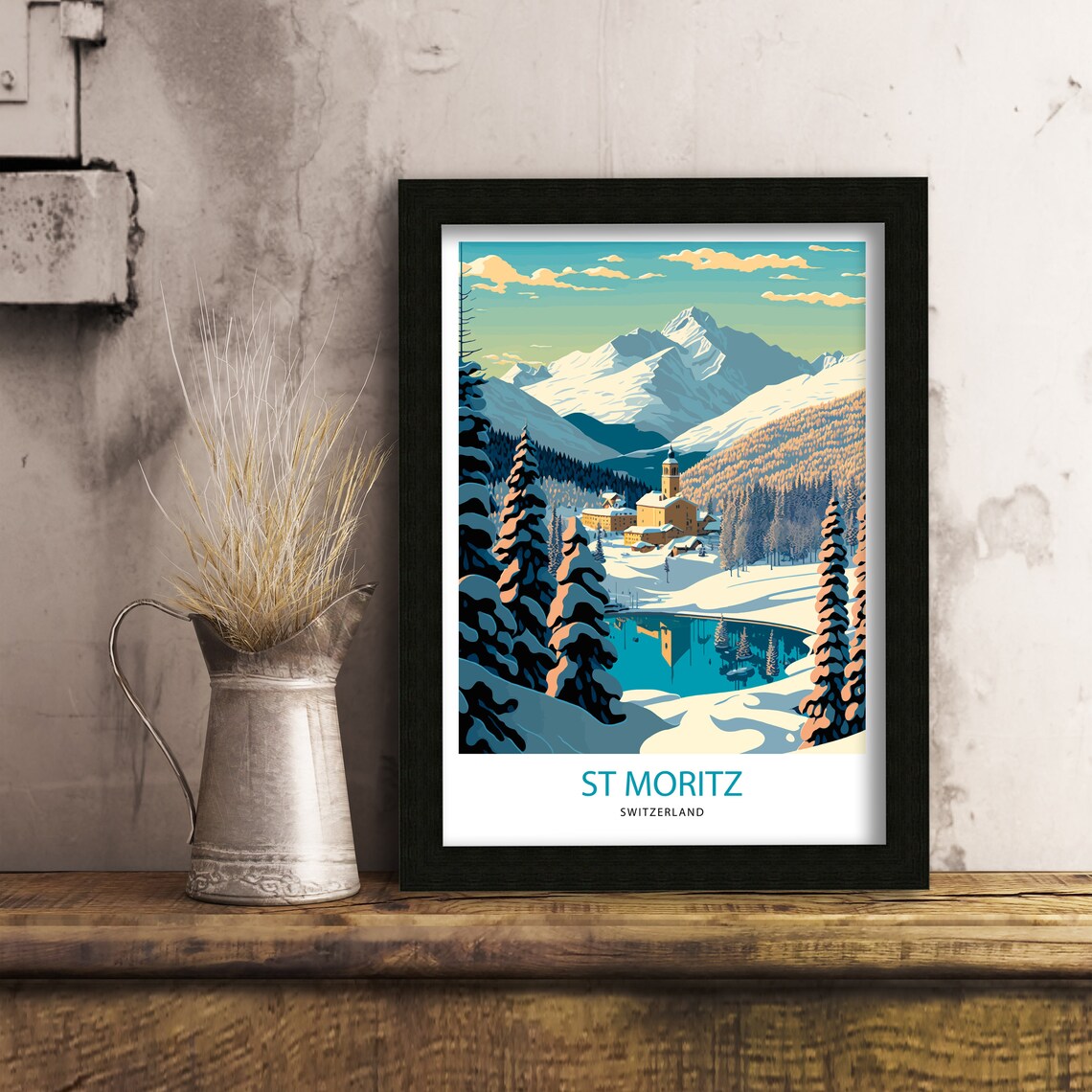 St Moritz Switzerland Snow Village Lake Alps Vintage Travel Poster - Image 2