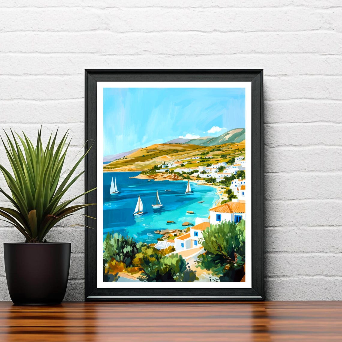 Crete Greece Turquoise Bay Sailboats Coastal Village Scene Poster - Image 2