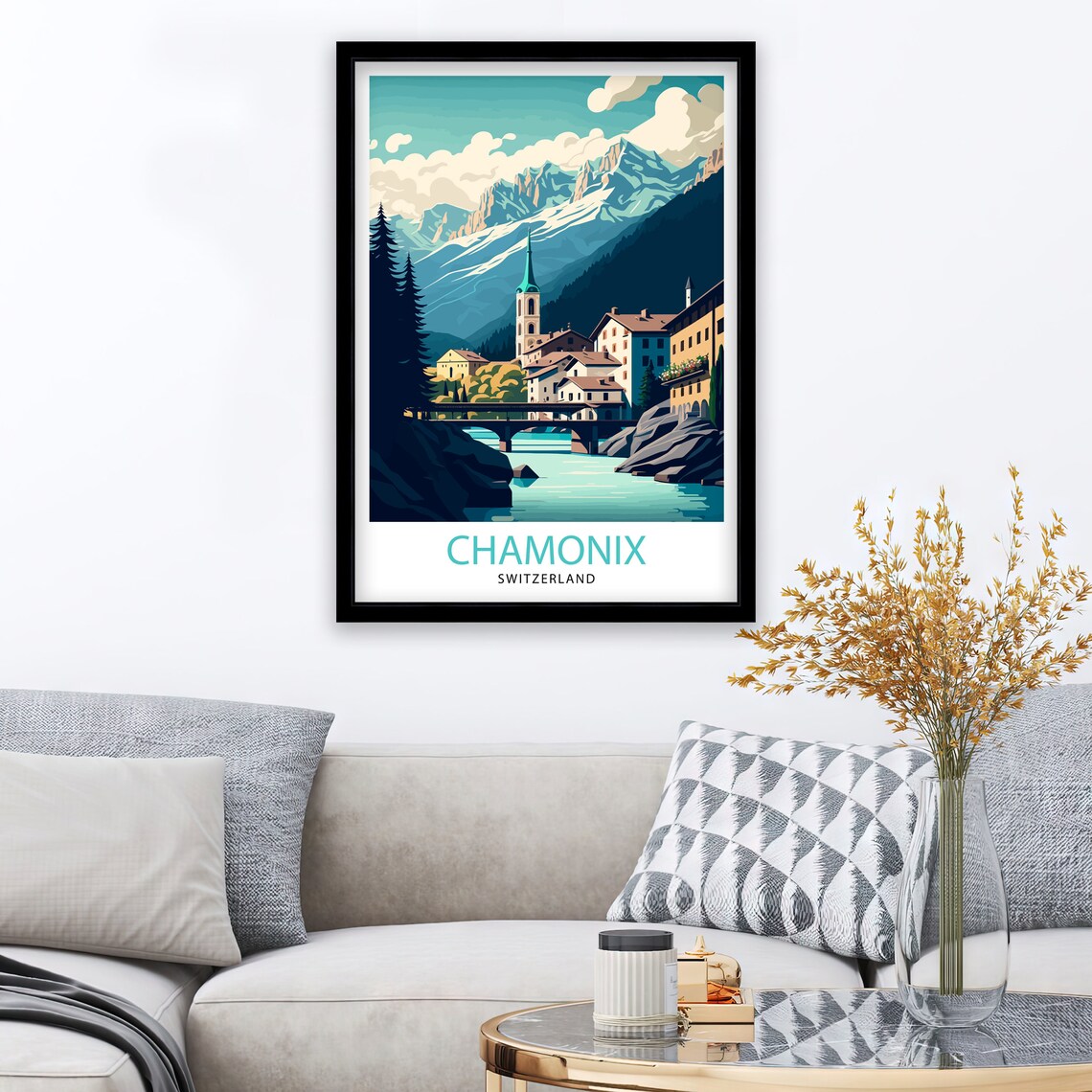 Chamonix Switzerland Alpine Valley Town Church Bridge Travel Poster - Image 2