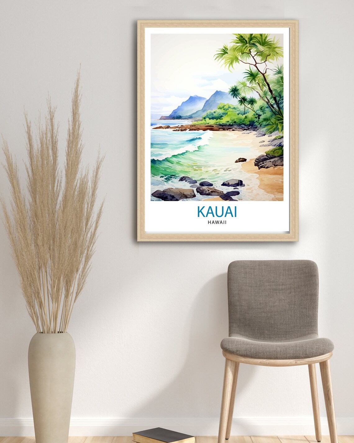 Kauai Hawaii Tropical Beach Cove Palm Trees Watercolor Travel Poster - Image 2