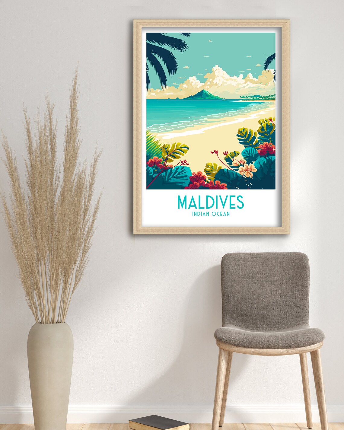 Maldives Indian Ocean Tropical Beach Floral Scene Travel Poster - Image 3