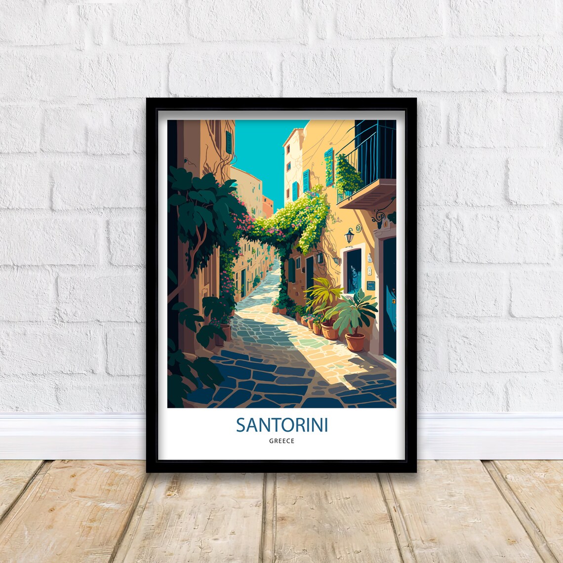 Santorini Greece Cobblestone Alley Bougainvillea Retro Travel Poster - Image 2