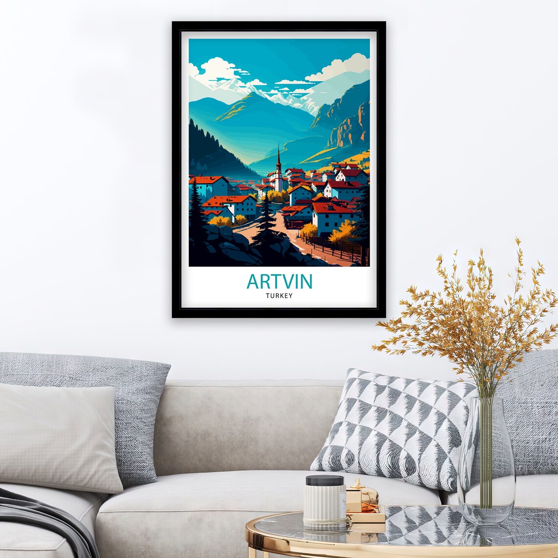 Artvin Turkey Red Roofed Mountain Village Snowy Peaks Travel Poster - Image 2