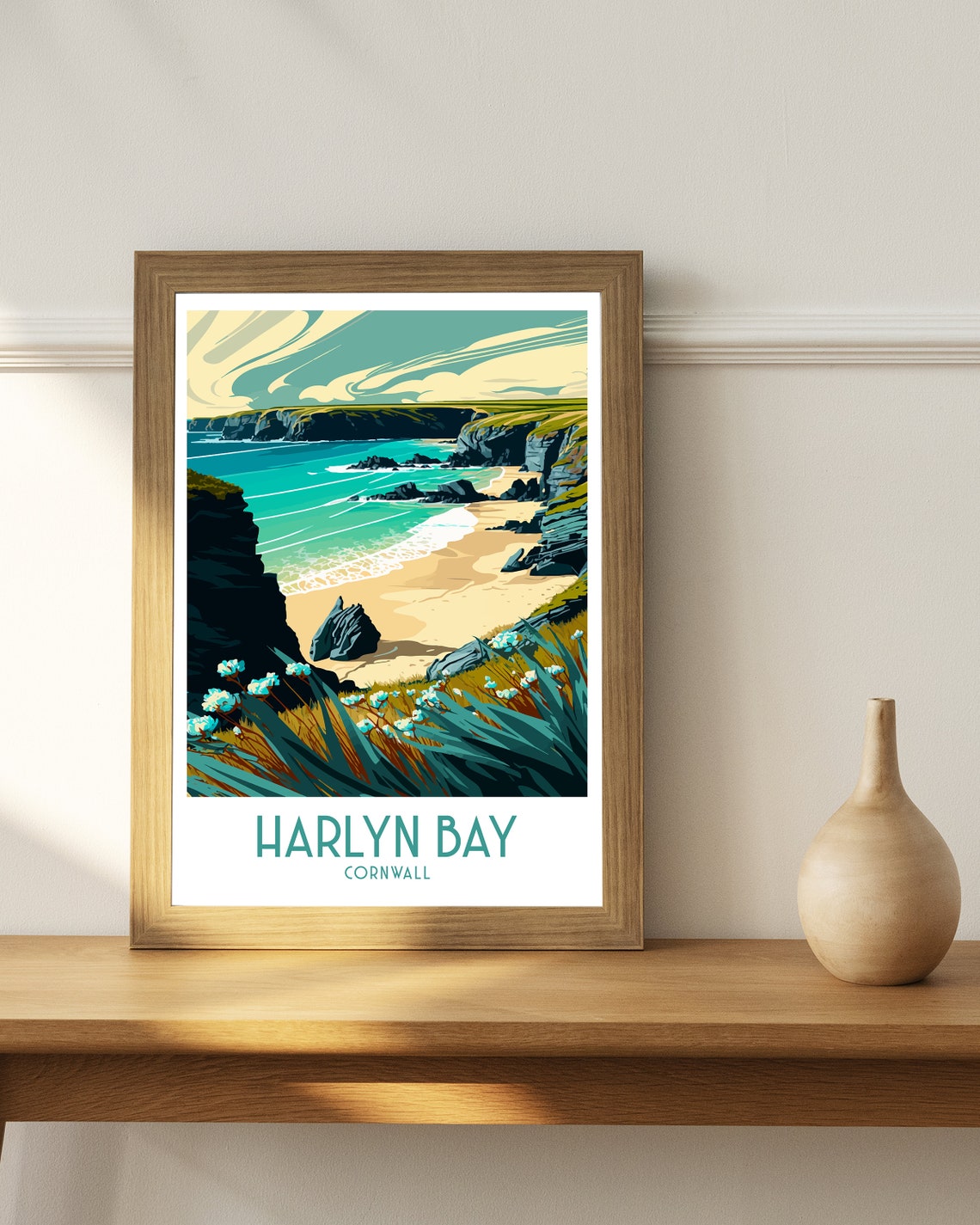 Harlyn Bay Cornwall Dramatic Cliffs Sandy Cove Travel Poster - Image 2