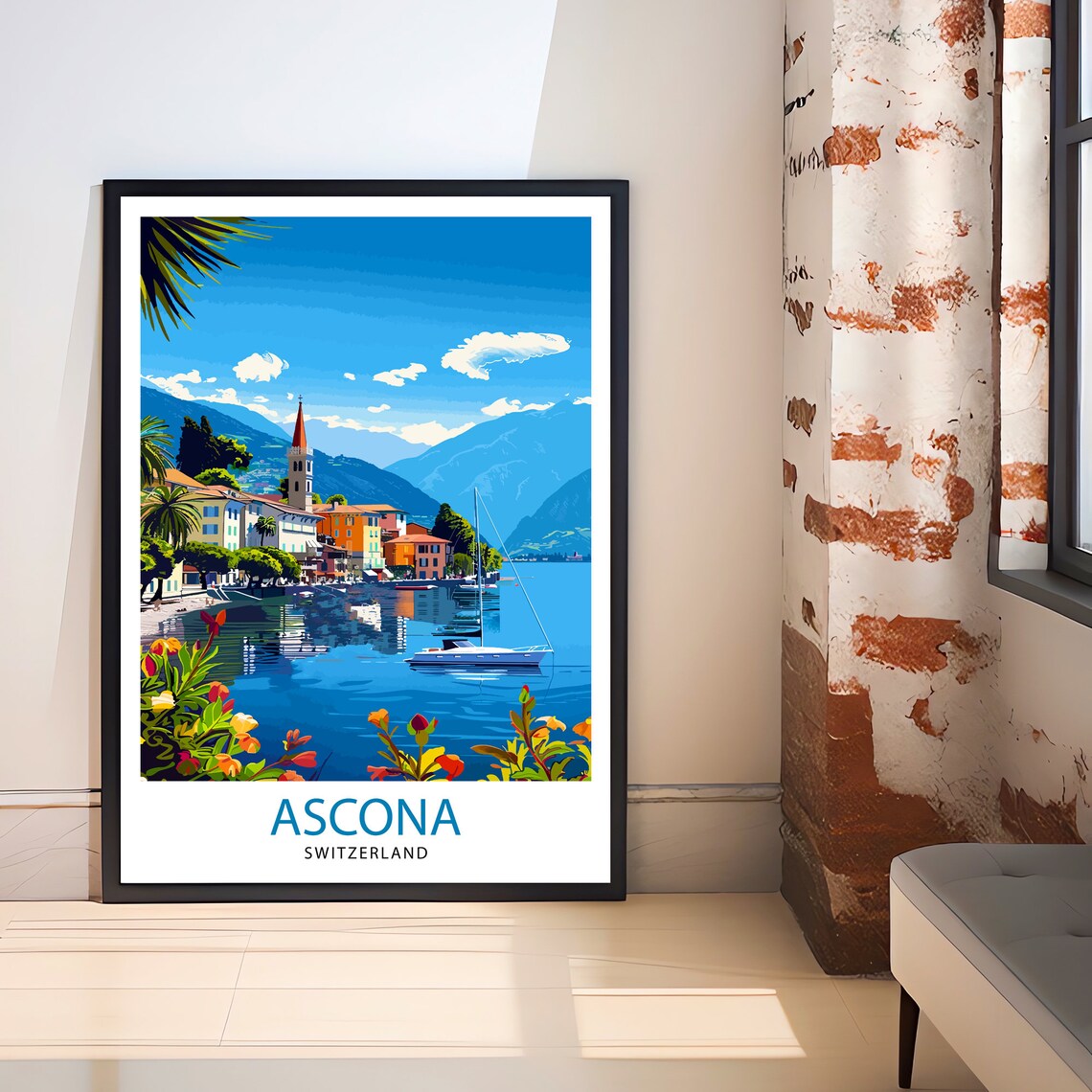Ascona Switzerland Lakeside Village Church Tower Flowers Travel Poster - Image 3