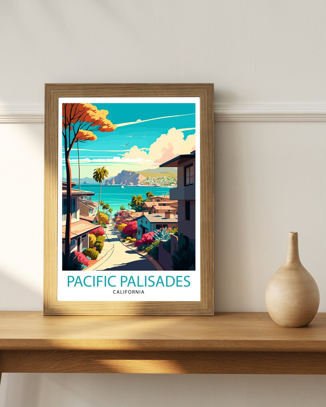 Pacific Palisades California Coastal Street Palms Sunset Travel Poster - Image 2