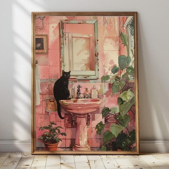 Black Cat Sitting on Pink Bathroom Sink Mirror Plants Poster