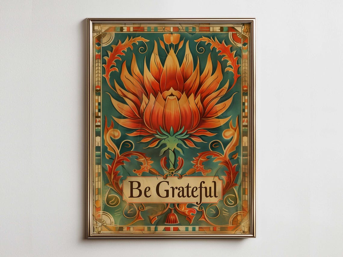 Be Grateful Art Nouveau Bold Orange Bloom Floral Decor Poster