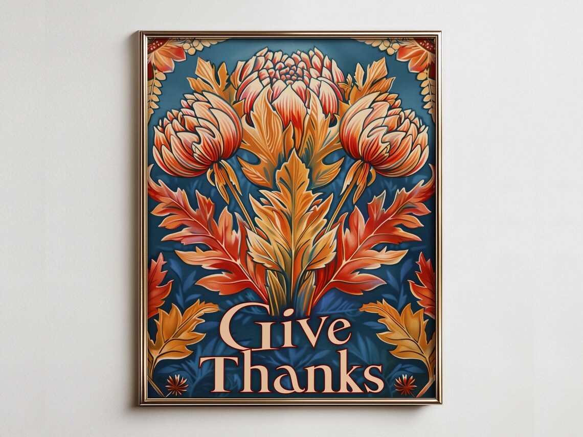 Give Thanks Chrysanthemum Poster Autumn Flowers Vintage Fall Wall Decor