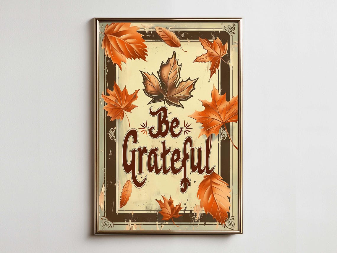 Be Grateful Vintage Falling Maple Leaves Antique Fall Poster