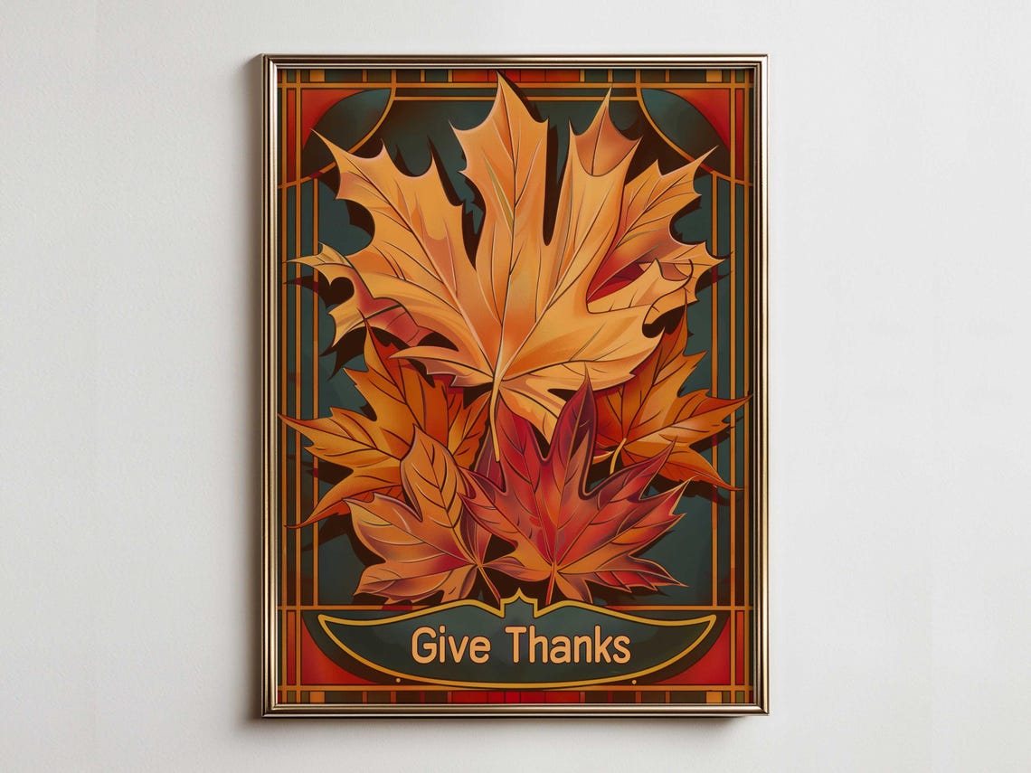 Give Thanks Autumn Leaves Art Deco Style Vintage Fall Poster