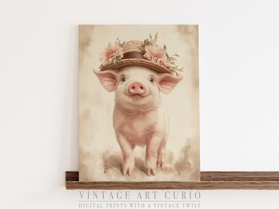 Cute Piglet in Straw Flower Hat Sweet Farm Animal Nursery Poster