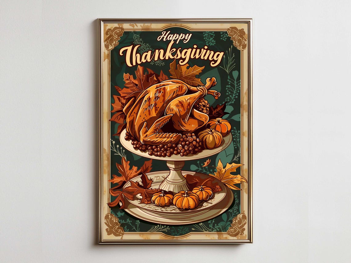 Happy Thanksgiving Roast Turkey Feast Vintage Kitchen Poster