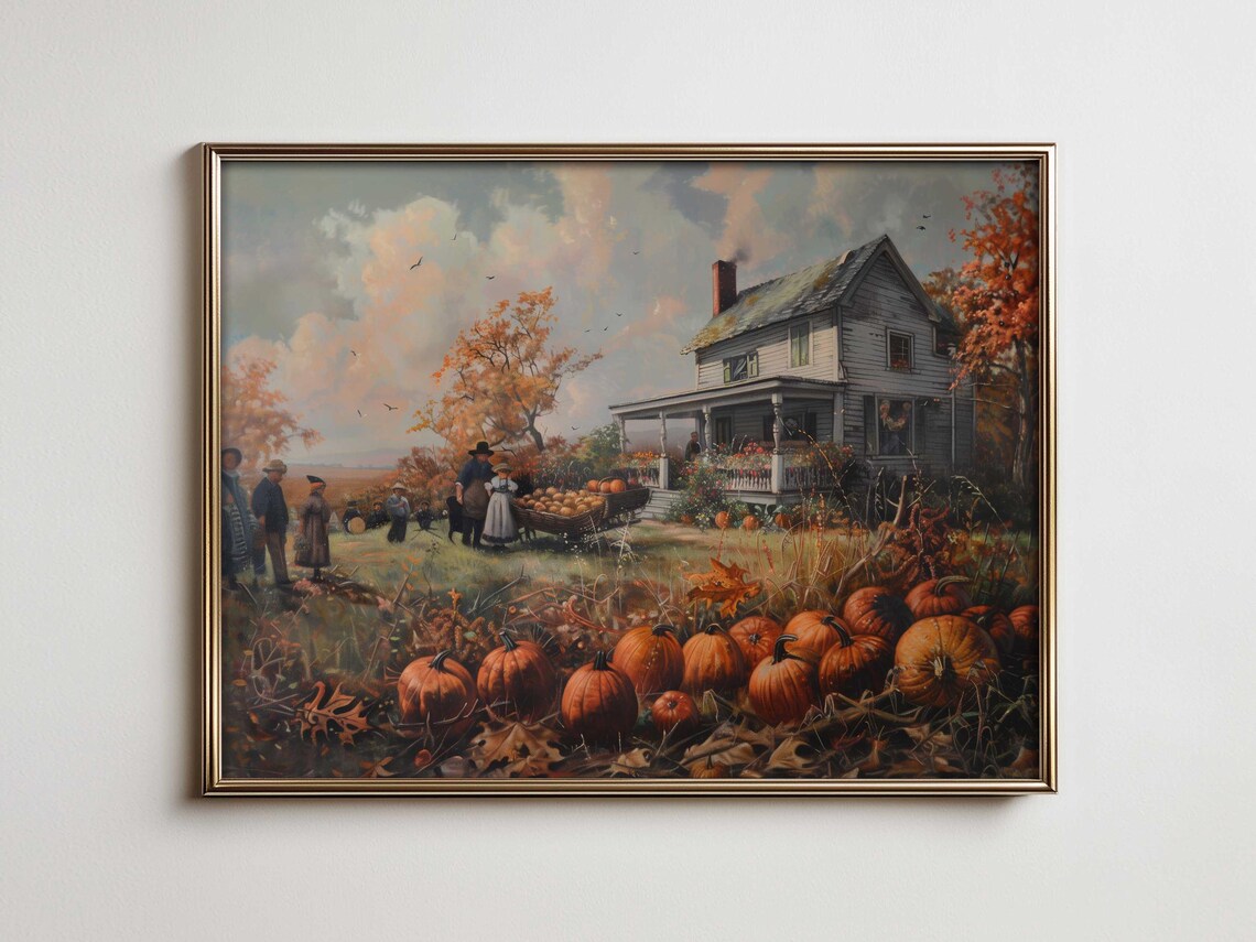 Autumn Pumpkin Harvest Farmhouse Village Gathering Fall Scene Poster