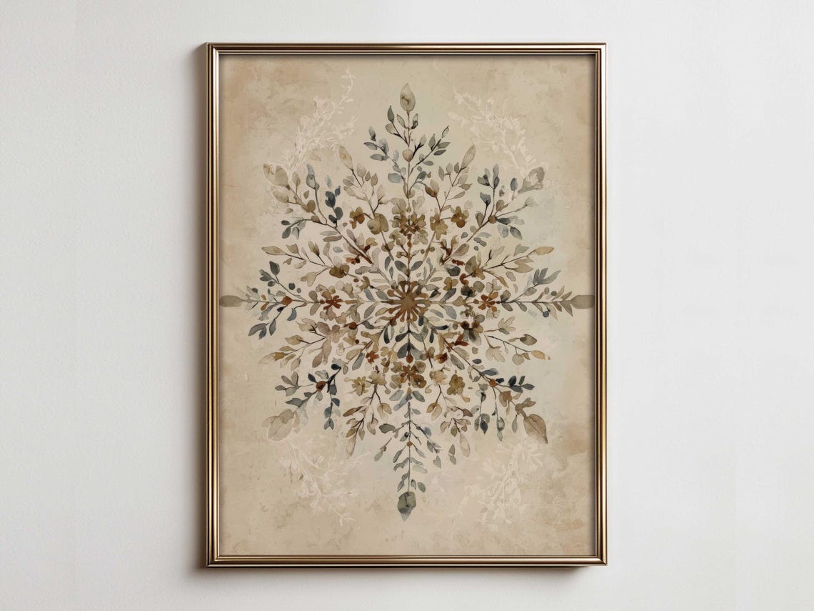 Botanical Snowflake Watercolor Leaves Scandinavian Christmas Wall Art