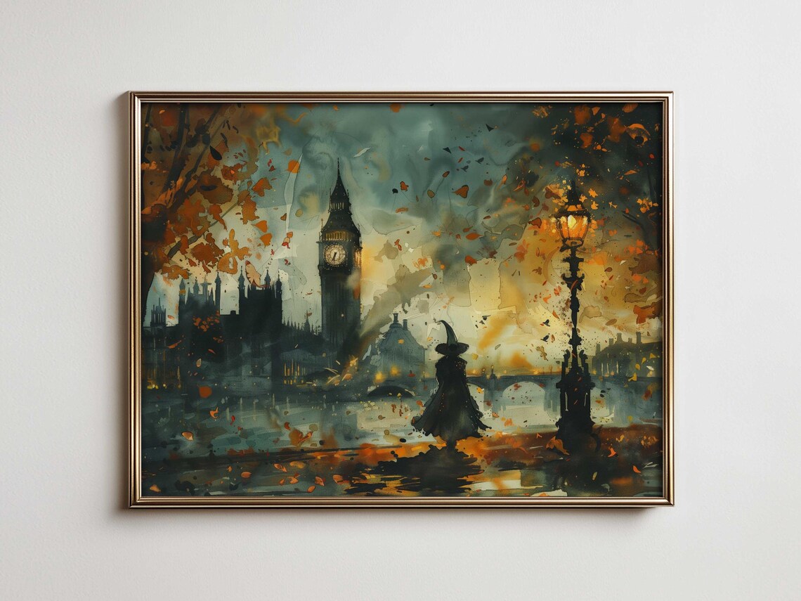 Halloween Witch Big Ben London Autumn Leaves Watercolor Poster