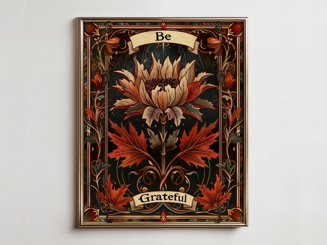 Be Grateful Vintage Autumn Bloom Art Nouveau Dark Floral Poster