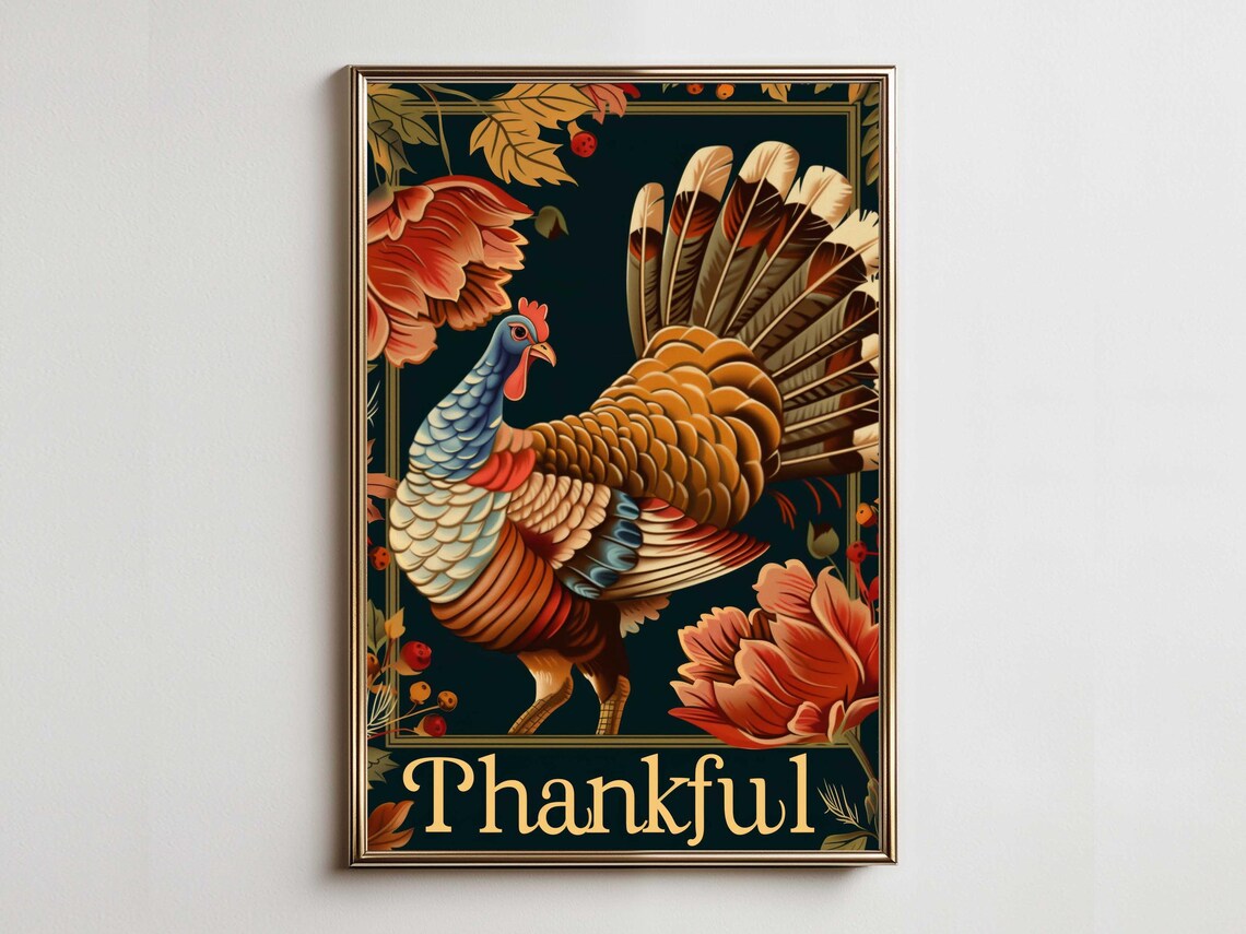 Thankful Turkey Autumn Floral Vintage Thanksgiving Wall Poster