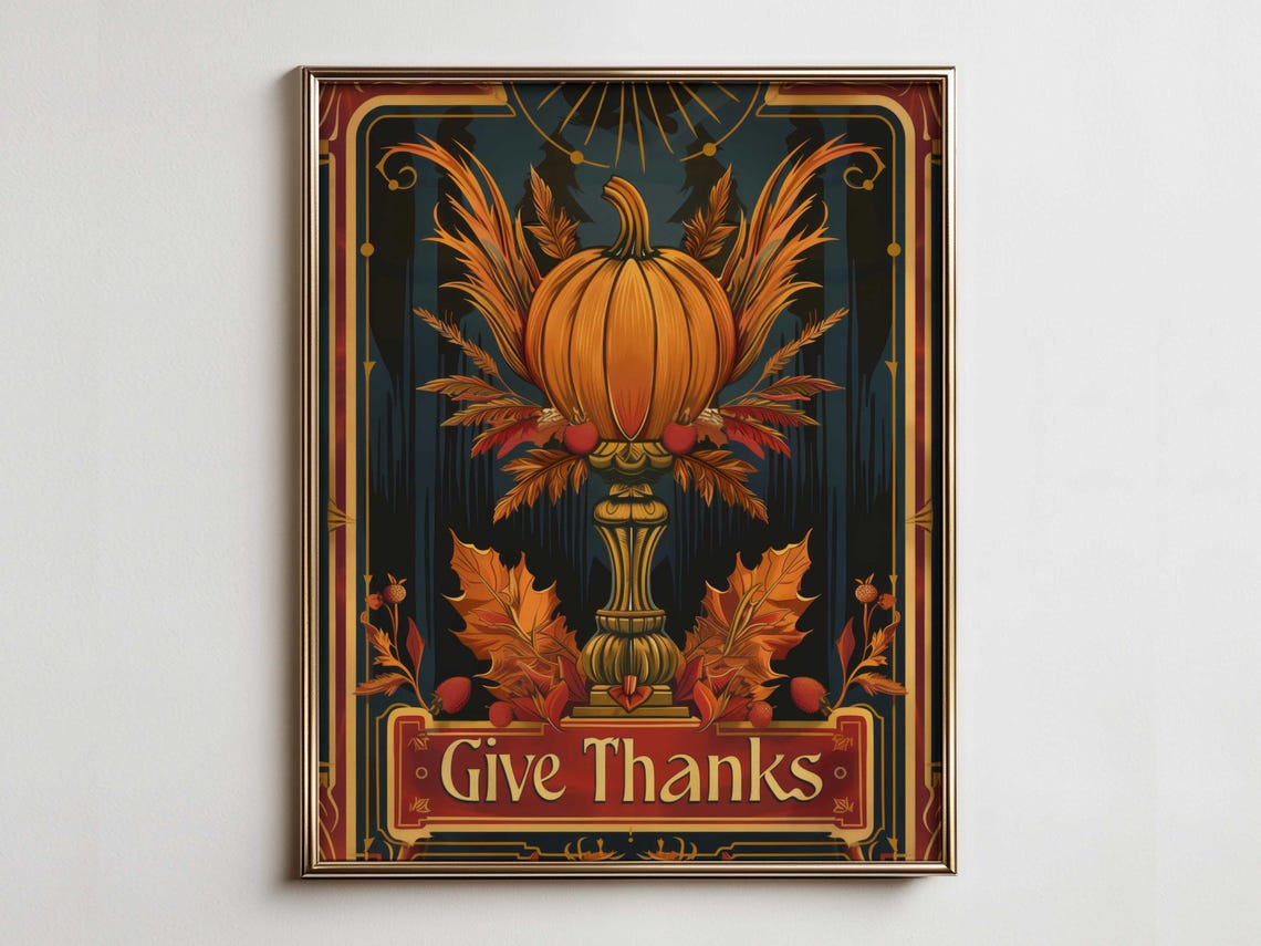 Golden Give Thanks Pumpkin Goblet Art Nouveau Fall Decor Poster