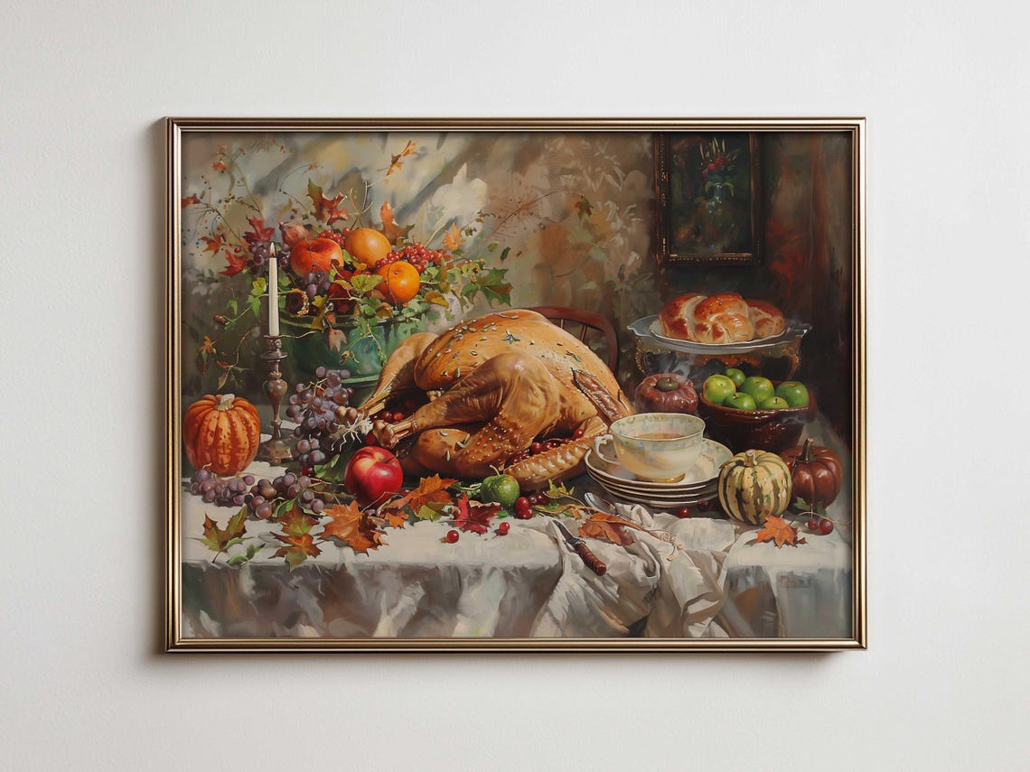 Thanksgiving Turkey Croissants Teacup Harvest Table Art Poster