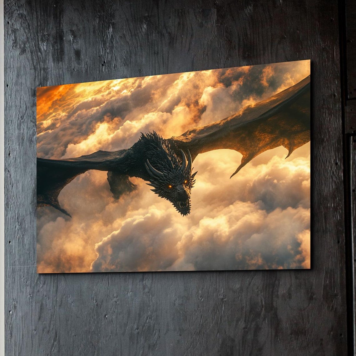 Fierce Black Dragon Soaring Through Golden Storm Clouds Poster