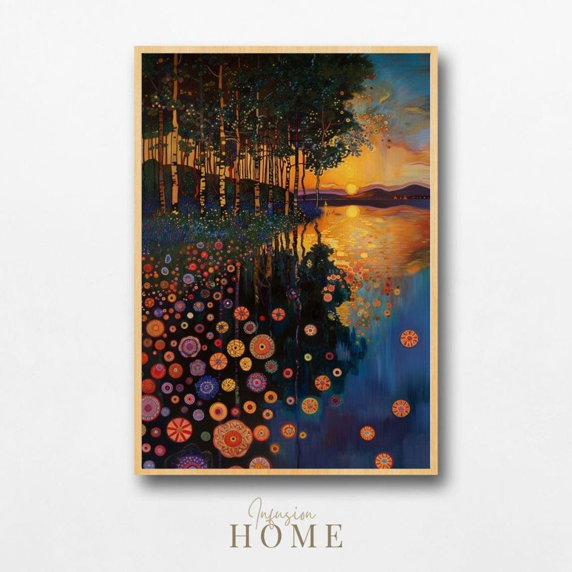 Lakeside Sunset Birch Trees Wildflower Reflection Art Poster