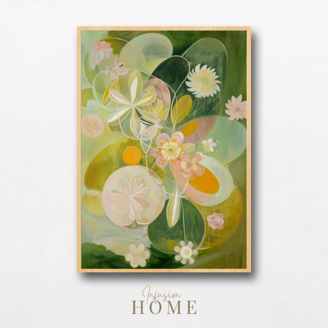 Fresh Green Abstract Botanical Blooms Gold Pink Garden Art Print