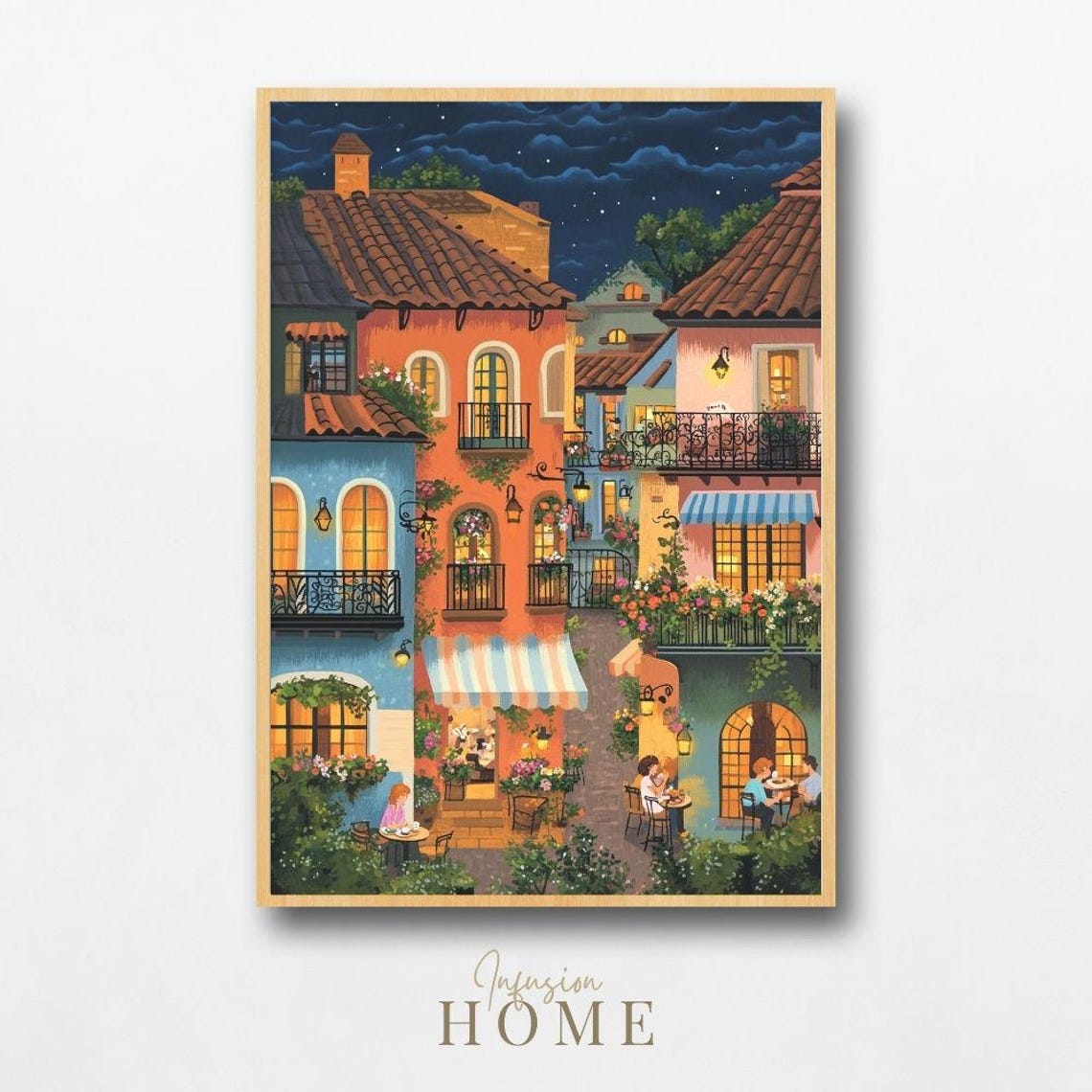 Romantic Cafe Courtyard Under Stars Night European Balcony Poster