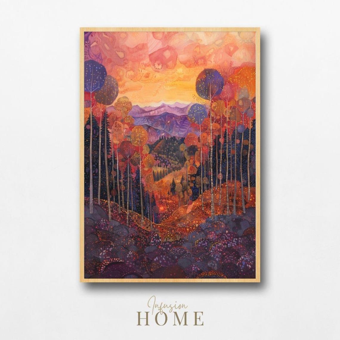 Sunset Forest Landscape Autumn Mountain Valley Whimsical Art Poster