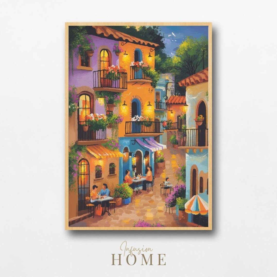 European Cafe Alley Golden Hour Balconies Friends Dinner Poster