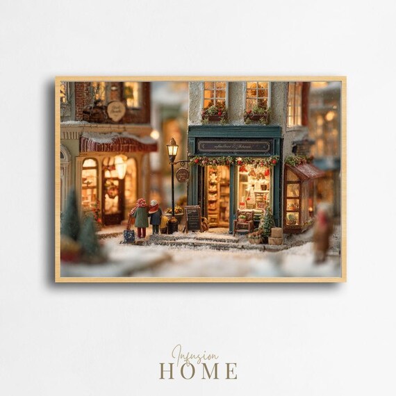 Snowy Miniature Village Gift Shop With Winter Shoppers Print