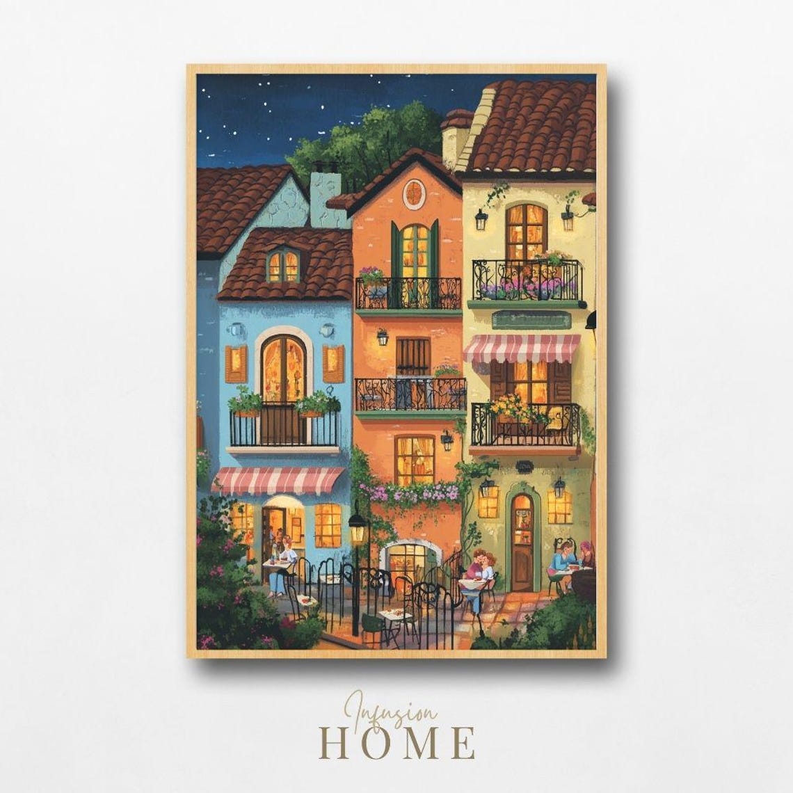 Romantic Evening Cafe Courtyard Balconies European Dinner Poster