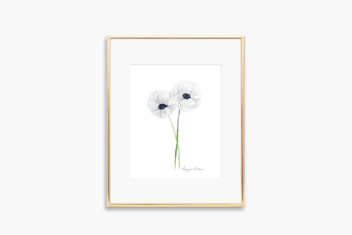 White Anemone Watercolor Twin Blooms Minimal Botanical Art Poster