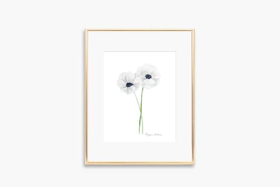 White Anemone Watercolor Twin Blooms Minimal Botanical Art Poster