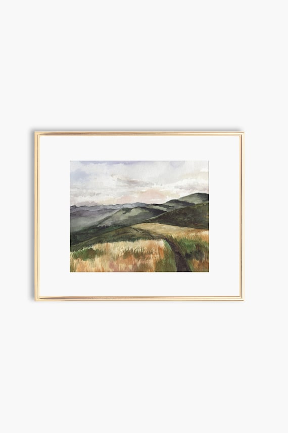 Mountain Landscape Watercolor Art Print, Neutral Decor