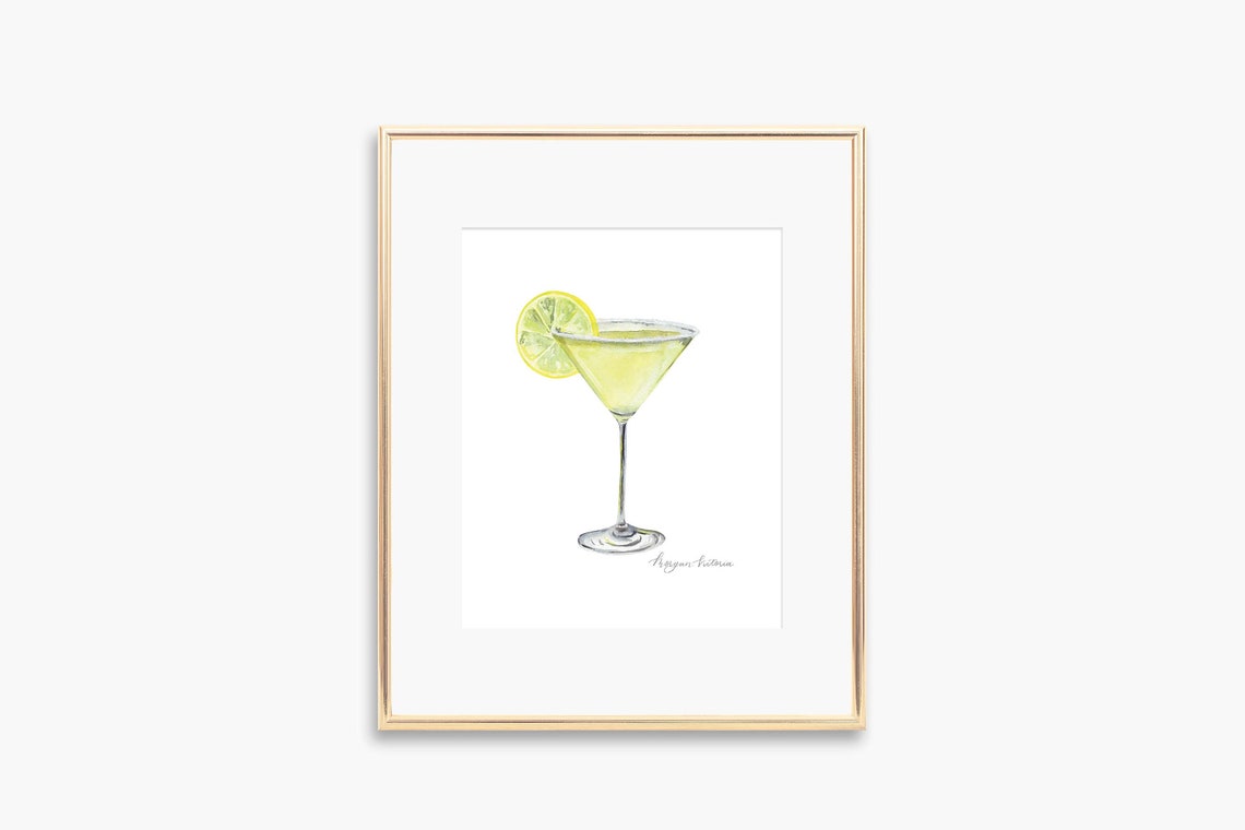 Lemon Martini Glass Watercolor Cocktail Hour Bar Cart Art Poster
