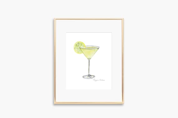 Lemon Martini Glass Watercolor Cocktail Hour Bar Cart Art Poster