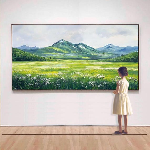 Hand Painted Landscape Oil Painting Green Meadow And Distant Mountains Pastoral Wall Art For Living Room Entryway Dining Room